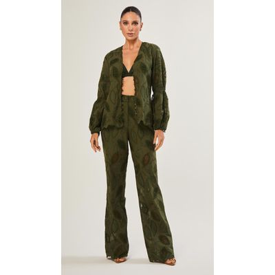 Calça Reta em Laise Folhas