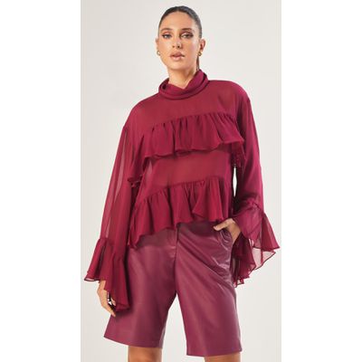 Blusa Manga Ampla com Babados Cereja 