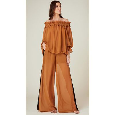 Calça Pantalona com Faixa Lateral Caramelo