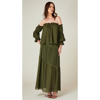 Blusa Ombro a Ombro com Manga Longa Verde Pesto