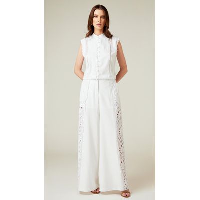 Calça Pantalona com Guipir Branco
