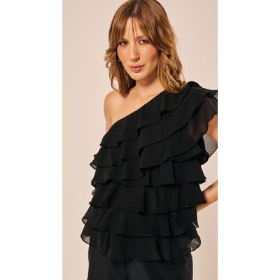 Blusa Assimétrica com Camadas Preto