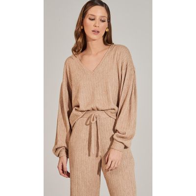 Blusa de Tricot com Manga Longa Bege