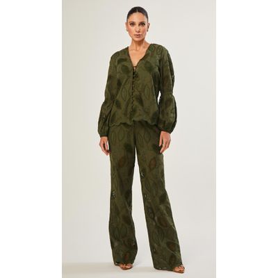 Calça Reta em Laise Folhas