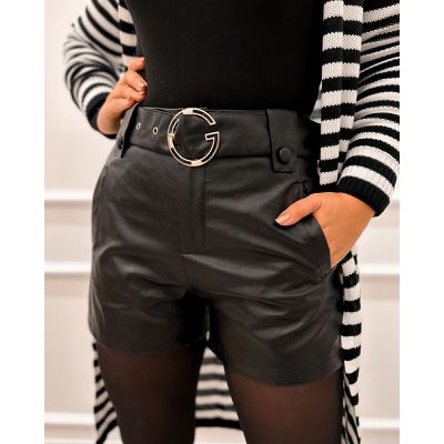 SHORTS COURO PRETO COM CINTO - 0122 - Mega Moda Virtual