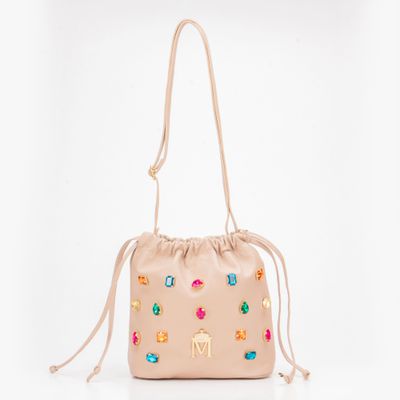 Bolsa em Couro Nude com Pedraria Colorida Simone - MONALOVERS