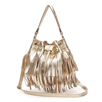 Bolsa Saco em Couro Dourado com Franja Isa - MONALOVERS