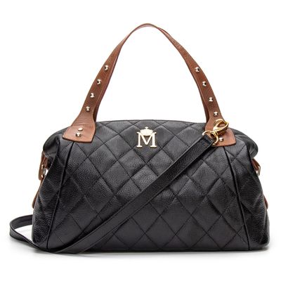 Bolsa em Couro com Bordado Matelassê Preta Izabel - MONALOVERS