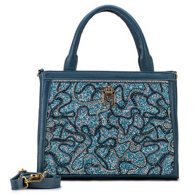 Bolsa em Couro Azul Denim com Bordado Azul Bruna - MONALOVERS