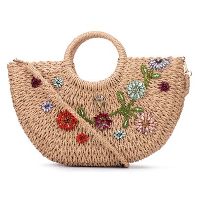 Bolsa de Palha com Bordado de Flores Coloridas Mil... - MONALOVERS