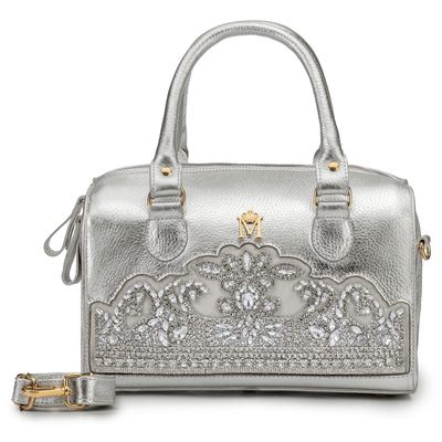Bolsa Baú em Couro Prata com Bordado Prata Vilma - MONALOVERS