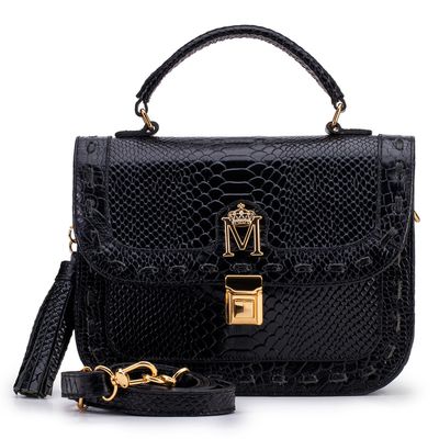 Bolsa em Couro com Passantes e Bambolim Cobra Pret... - MONALOVERS