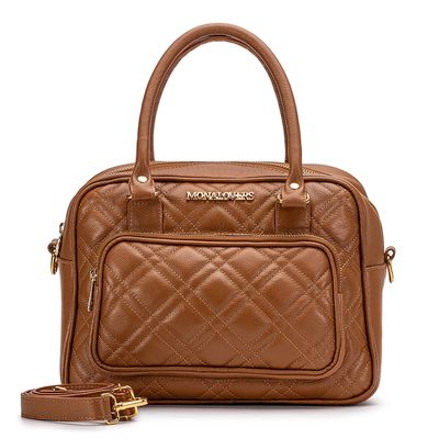 Bolsa em Couro Camel com Bolso Frontal e Bordado M... - MONALOVERS