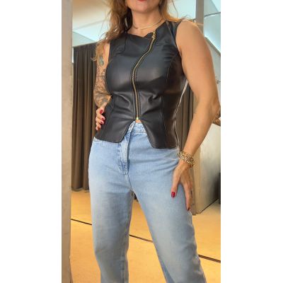 Blusa Ajustada Lisa Com Ziper Frontal 126016 Charry Preto