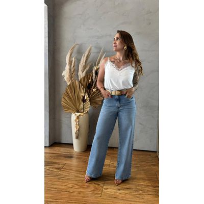 Calça Jeans Reta Alta Jade Marmorizada Azul Jeans