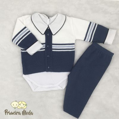 Conjunto em Tricot Listrado Azul - Primeira Moda 