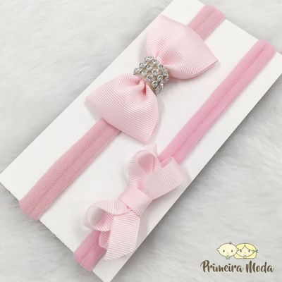 Kit Faixa para bebê Duplo Gravatinha Rosa com Bril... - Primeira Moda 