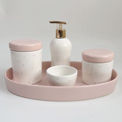 Kit Higiene 4 Peças Rosa Poá Bandeja Oval - Primeira Moda 
