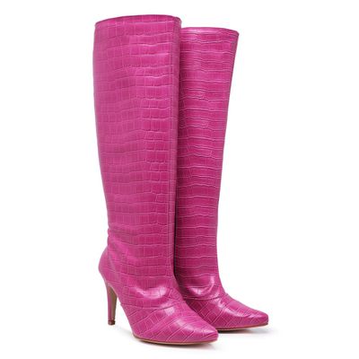 Bota Feminina Cano Alto Salto Fino Crôco Rosa Pink... - Torani Calçados