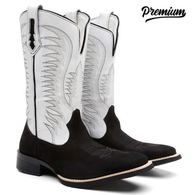 Bota Texana Masculina Nobuck Preto Branco - TURUNA BOOTS