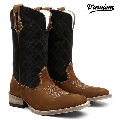 Bota Texana Masculina Nobuck Camel Xadrez Preto - TURUNA BOOTS