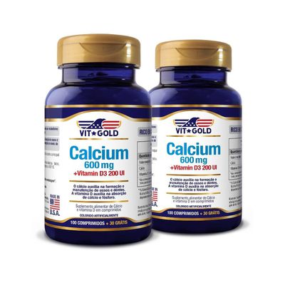 Cálcio 600 mg com Vitamina D3 Vitgold Kit2x 100 comprimidos + 30 grátis 