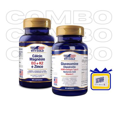 Cálcio Magnésio Zinco com Vitamina D3 e K2 Vitgold 100 comp + Glucosamina, Condroitina, MSM, Colágeno Vitgold 60 comp