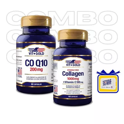 Coenzima Q10 CoQ10 200mg Vitgold 60 cápsulas + Colágeno Hidrolisado 1000 mg com Vit. C Vitgold 100 cápsulas