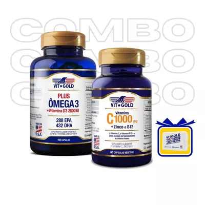 Omega 3 Plus com Vitamina D3 2000UI Vitgold 100 caps. + Vitamina C 1000 mg + Zinco e B12 Vitgold 60 caps.