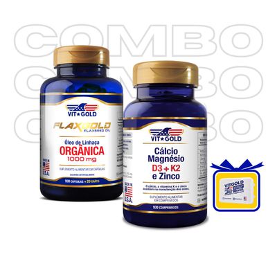 Flaxgold 1000 mg Óleo de Linhaça (Omega 3) Vitgold 100 caps + Cálcio Magnésio Zinco com Vitamina D3 e K2 Vitgold 100 com