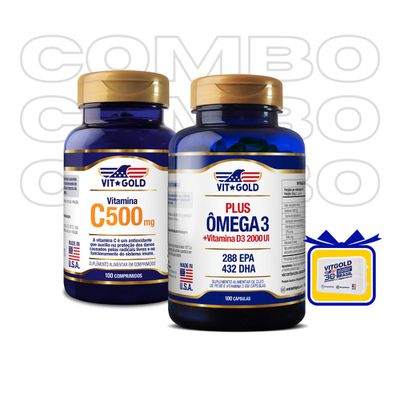 Vitamina C 500 mg Vitgold 100 comprimidos + Omega 3 Plus com Vitamina D3 2000UI Vitgold 100 caps.