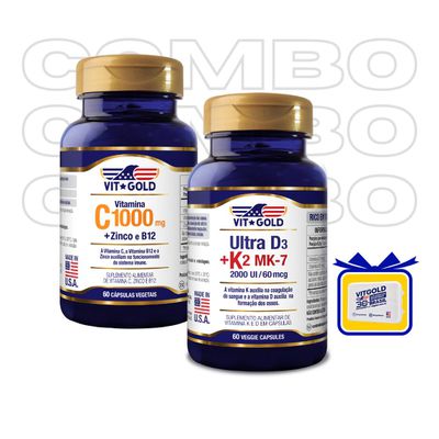 Vitamina C 1000 mg + Zinco e B12 Vitgold 60 caps + Vitamina K2 60mcg + Vitamina D3 2000UI Vitgold 60 caps.