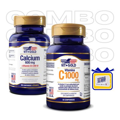 Cálcio 600 mg com Vitamina D3 Vitgold 100 comprimidos + Vitamina C 1000 mg Vitgold 60 comprimidos