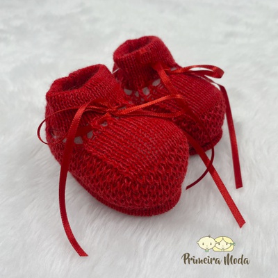 Sapatinho De Tricot Laço Vermelho - 1410 - Primeira Moda 