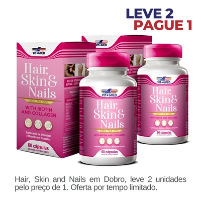 Leve 2, Pague 1: Hair Skin & Nails (Cabelo, pele e unhas) Vitgold c/ 60 cáp - Kit com 2 unid 50% OFF.