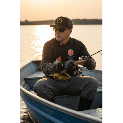 Camisa de Pesca Masculina Pirarara Rancho do Matuto Leve Fresca Conforto - Preto/Amarelo/Laranja