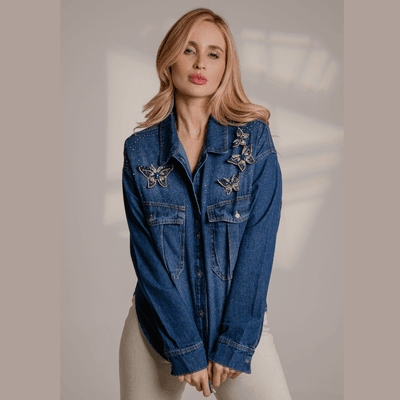 Camisa Jeans com Broches de Borboletas - MONALOVERS