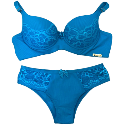 Conjunto Canelado em Renda Turquesa P (40) - Q Charme
