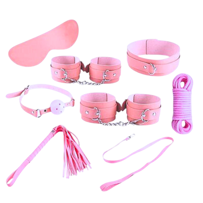 Kit Bondage 7 Em 1 Couro Sintético Rosa - Q Charme