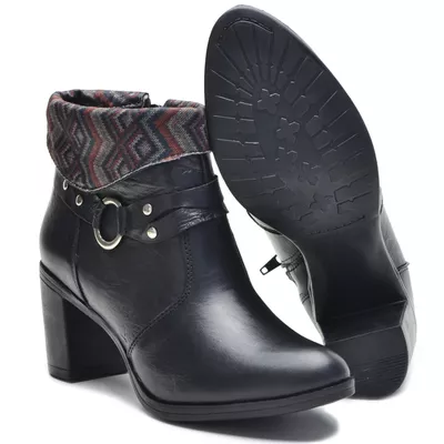 Bota Feminina Cano Curto Salto Grosso Preto/Étnico