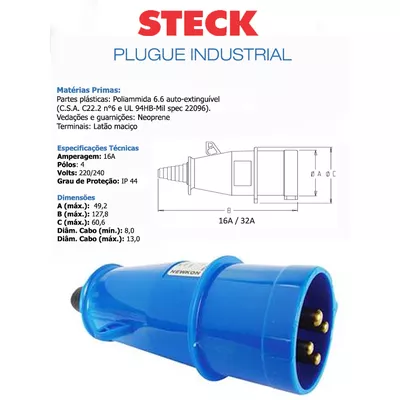 PLUGUE INDUSTRIAL 250V 16A 3P+T 9H | Comercial Leal