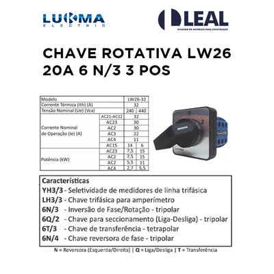 CHAVE ROTATIVA LW26 20A 6 N/3 3 POS LUKMA | Comercial Leal