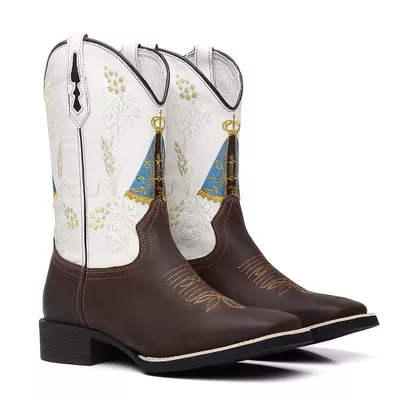 Bota Texana Masculina Bordado Nossa Senhora Aparec... - COUROETERRA