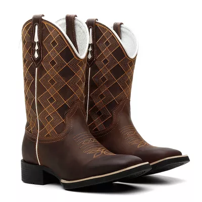 Bota Texana Masculina Bordado Xadrez Cenoura - 716... - COUROETERRA