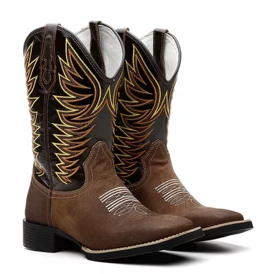 Bota Texana Masculina Bordado 727 Pêlo Pinhão/Spla... - COUROETERRA