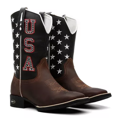 Bota Texana Masculina Bordado USA 742 Preto/Café -... - COUROETERRA