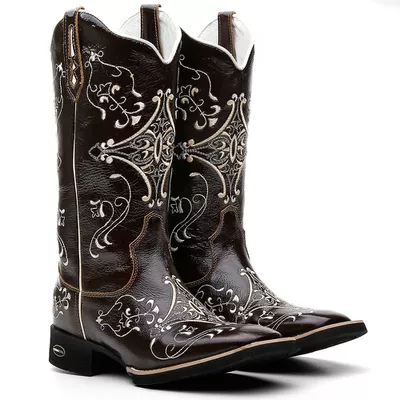 Bota Texana Feminina Splash Café Bordado 902 Bege ... - COUROETERRA