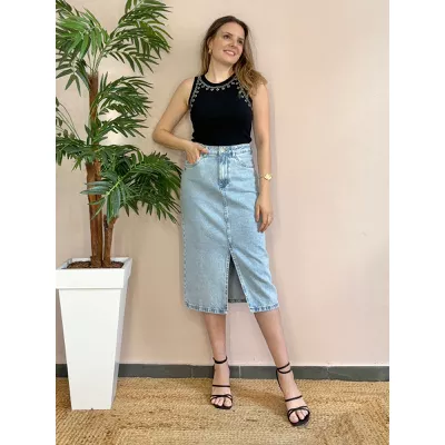 Saia Midi Jeans Fenda - DONNA LELLA