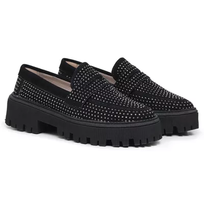 Mocassim Feminino em Couro Preto com Strass - Torani Calçados