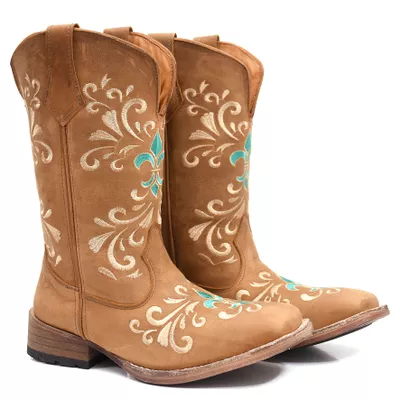 Bota Texana Feminina Crazy Horse Tabaco Cruz Turqu... - TURUNA BOOTS